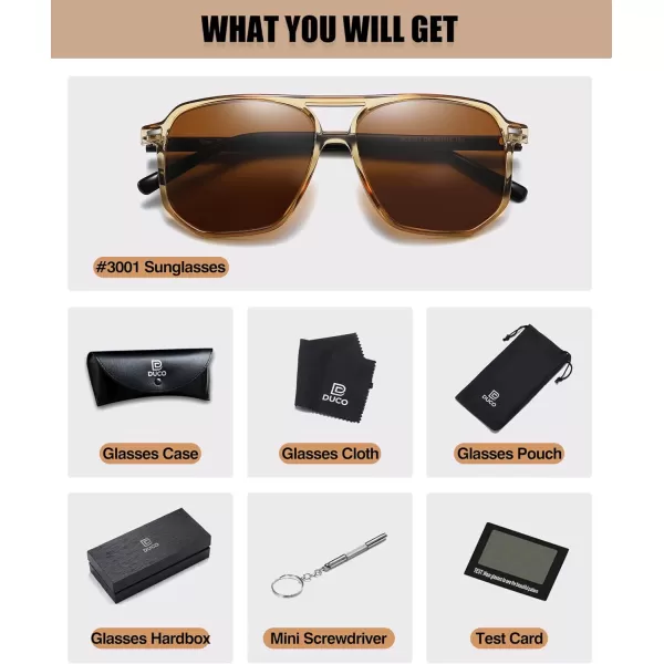 DUCO Retro Vintage Square Polarized Aviator Sunglasses Womens Mens Double Bridge Sun Glasses DC3001Transparent Gold Frame Brown Lens