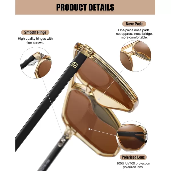 DUCO Retro Vintage Square Polarized Aviator Sunglasses Womens Mens Double Bridge Sun Glasses DC3001Transparent Gold Frame Brown Lens