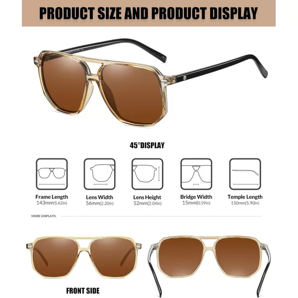 DUCO Retro Vintage Square Polarized Aviator Sunglasses Womens Mens Double Bridge Sun Glasses DC3001Transparent Gold Frame Brown Lens