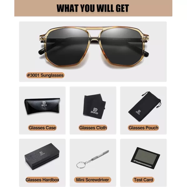 DUCO Retro Vintage Square Polarized Aviator Sunglasses Womens Mens Double Bridge Sun Glasses DC3001Transparent Gold Frame Grey Lens