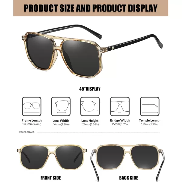 DUCO Retro Vintage Square Polarized Aviator Sunglasses Womens Mens Double Bridge Sun Glasses DC3001Transparent Gold Frame Grey Lens