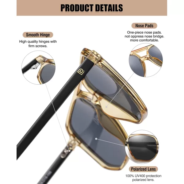 DUCO Retro Vintage Square Polarized Aviator Sunglasses Womens Mens Double Bridge Sun Glasses DC3001Transparent Gold Frame Grey Lens