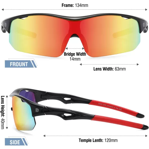 DUCO Sports Youth Baseball Sunglasses for Kids Unbreakable TR90 Frame Lightweight Sun Glasses for Boys and Girls DK261Black Frame Red Temple Revo Orange Lens