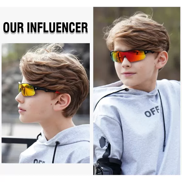 DUCO Sports Youth Baseball Sunglasses for Kids Unbreakable TR90 Frame Lightweight Sun Glasses for Boys and Girls DK261Black Frame Red Temple Revo Orange Lens