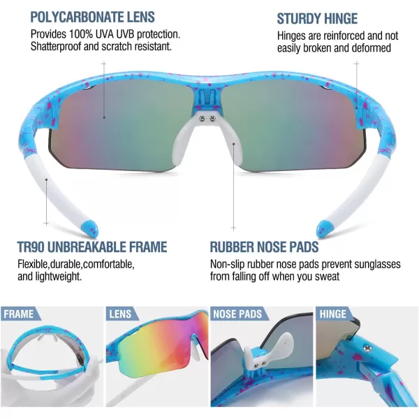 DUCO Sports Youth Baseball Sunglasses for Kids Unbreakable TR90 Frame Lightweight Sun Glasses for Boys and Girls DK261Blue Frame White Temple Revo Orange Lens