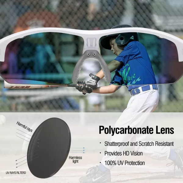 DUCO Sports Youth Baseball Sunglasses for Kids Unbreakable TR90 Frame Lightweight Sun Glasses for Boys and Girls DK261White Frame Black Temple Revo Orange Lens