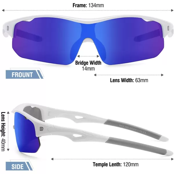 DUCO Sports Youth Baseball Sunglasses for Kids Unbreakable TR90 Frame Lightweight Sun Glasses for Boys and Girls DK261White Frame Grey Temple Revo Blue Lens
