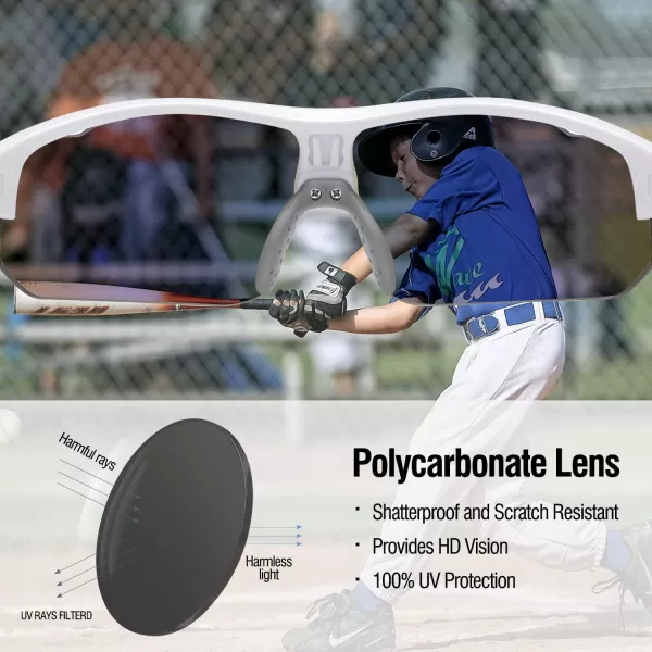 DUCO Sports Youth Baseball Sunglasses for Kids Unbreakable TR90 Frame Lightweight Sun Glasses for Boys and Girls DK261White Frame Grey Temple Revo Orange Lens