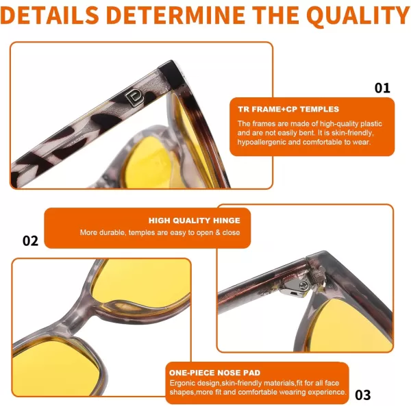 DUCO Square Night Driving Glasses for Women Men Yellow Tint Polarized Lens Anti Glare UV Protection 5201YGrey Tortoise