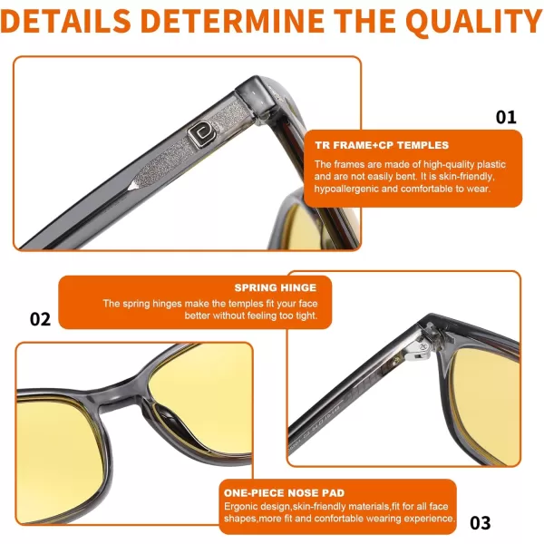 DUCO Square Night Driving Glasses for Women Men Yellow Tint Polarized Lens Anti Glare UV Protection 5201YTransparent Grey