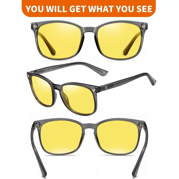 DUCO Square Night Driving Glasses for Women Men Yellow Tint Polarized Lens Anti Glare UV Protection 5201YTransparent Grey