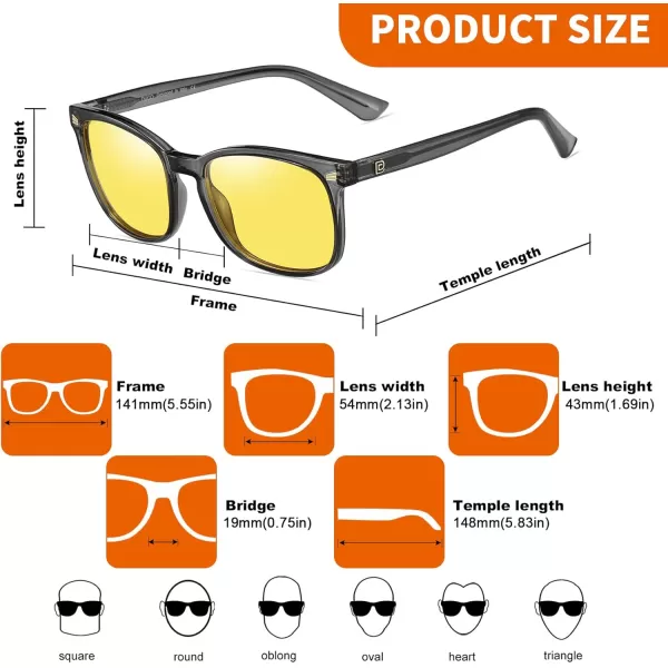 DUCO Square Night Driving Glasses for Women Men Yellow Tint Polarized Lens Anti Glare UV Protection 5201YTransparent Grey