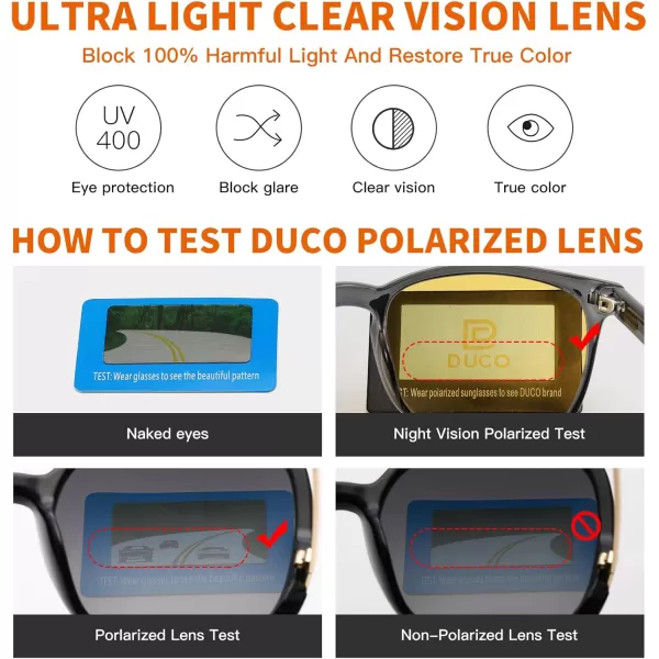 DUCO Square Night Driving Glasses for Women Men Yellow Tint Polarized Lens Anti Glare UV Protection 5201YTransparent Grey