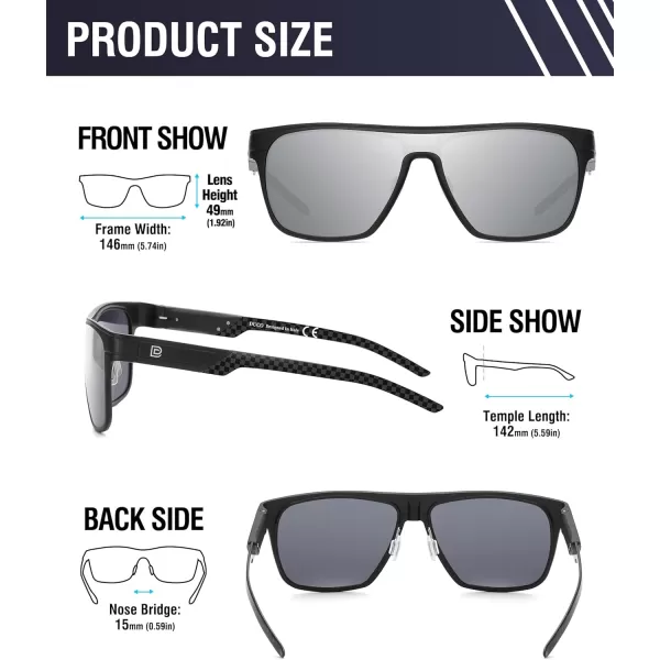 DUCO Square Polarized Sunglasses for Men Women Large Flat Top Shield Sun Glasses UV400 Protection Carbon Fiber Shades DC8230Black Frame Black Temple Silver Lens