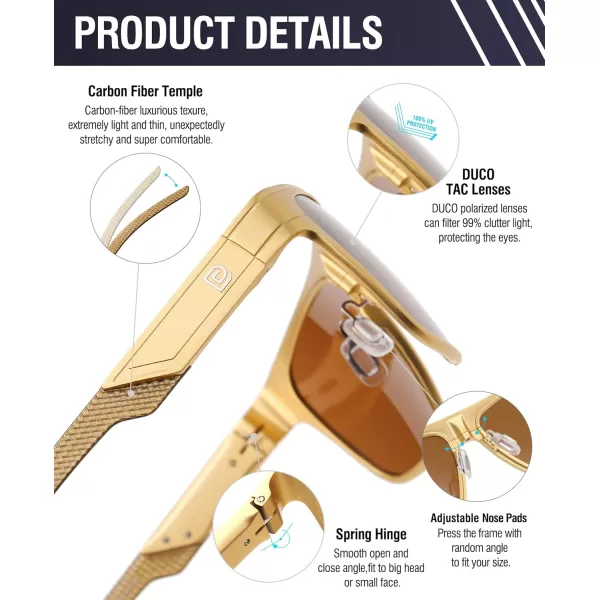 DUCO Square Polarized Sunglasses for Men Women Large Flat Top Shield Sun Glasses UV400 Protection Carbon Fiber Shades DC8230Gold Frame Gold Temple Brown Lens