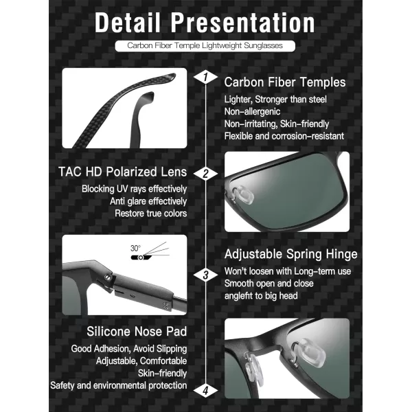 DUCO Sunglasses Men Retro Square Polarized UV Protection Carbon Fiber Sun Glasses for Fishing DC8208Black Frame Green Lens