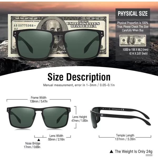 DUCO Sunglasses Men Retro Square Polarized UV Protection Carbon Fiber Sun Glasses for Fishing DC8208Black Frame Green Lens