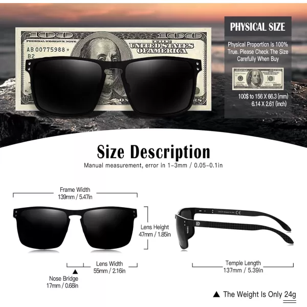DUCO Sunglasses Men Retro Square Polarized UV Protection Carbon Fiber Sun Glasses for Fishing DC8208Black Frame Grey Lens
