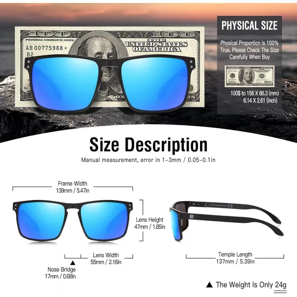DUCO Sunglasses Men Retro Square Polarized UV Protection Carbon Fiber Sun Glasses for Fishing DC8208Black Frame Revo Blue Lens