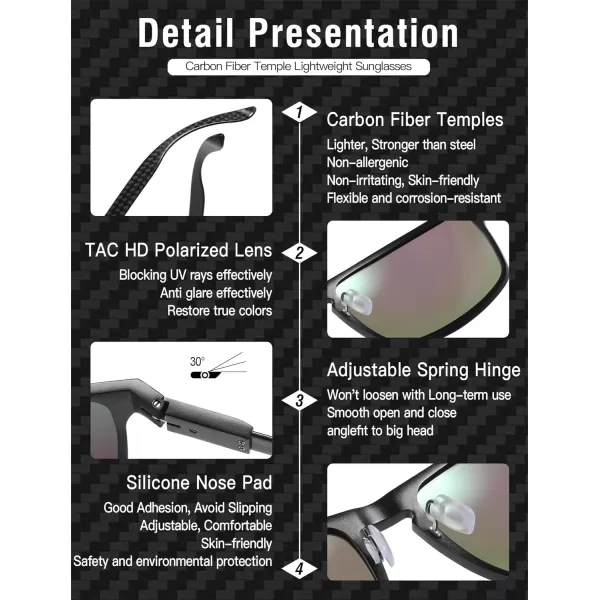 DUCO Sunglasses Men Retro Square Polarized UV Protection Carbon Fiber Sun Glasses for Fishing DC8208Black Frame Revo Green Lens