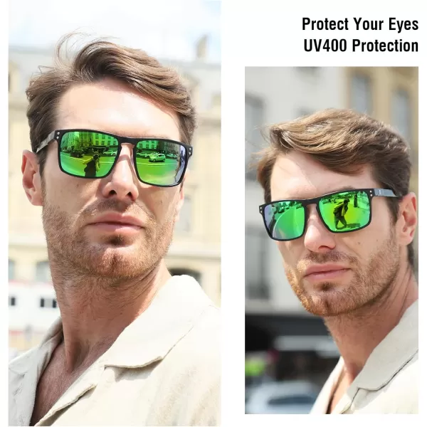 DUCO Sunglasses Men Retro Square Polarized UV Protection Carbon Fiber Sun Glasses for Fishing DC8208Black Frame Revo Green Lens