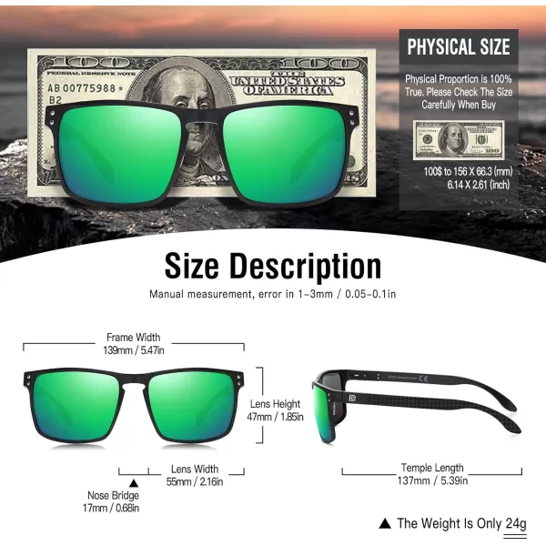 DUCO Sunglasses Men Retro Square Polarized UV Protection Carbon Fiber Sun Glasses for Fishing DC8208Black Frame Revo Green Lens