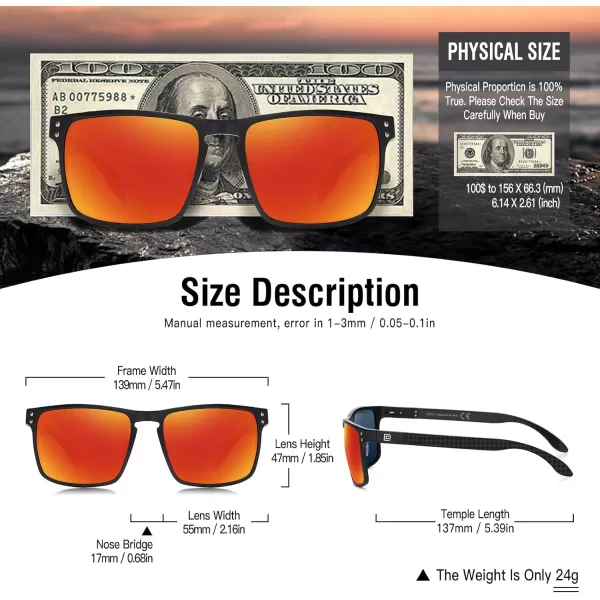 DUCO Sunglasses Men Retro Square Polarized UV Protection Carbon Fiber Sun Glasses for Fishing DC8208Black Frame Revo Red Lens