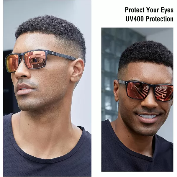 DUCO Sunglasses Men Retro Square Polarized UV Protection Carbon Fiber Sun Glasses for Fishing DC8208Black Frame Revo Red Lens