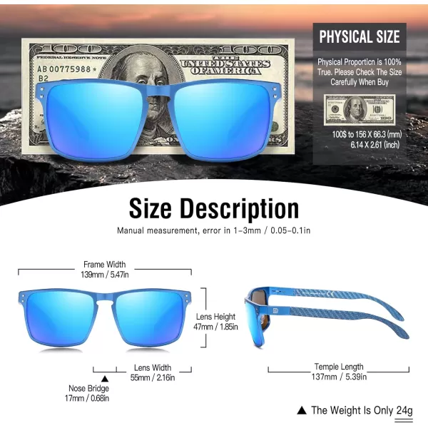 DUCO Sunglasses Men Retro Square Polarized UV Protection Carbon Fiber Sun Glasses for Fishing DC8208Blue Frame Revo Blue Lens