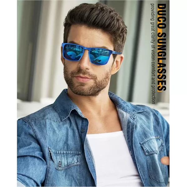 DUCO Sunglasses Men Retro Square Polarized UV Protection Carbon Fiber Sun Glasses for Fishing DC8208Blue Frame Revo Blue Lens