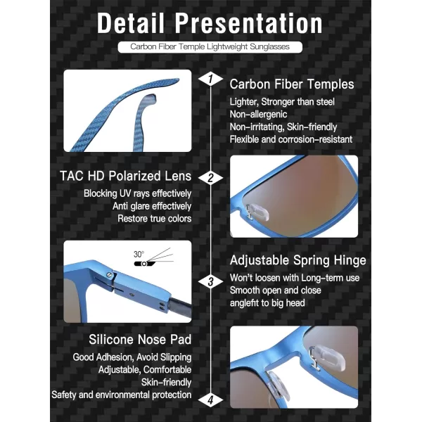 DUCO Sunglasses Men Retro Square Polarized UV Protection Carbon Fiber Sun Glasses for Fishing DC8208Blue Frame Revo Blue Lens