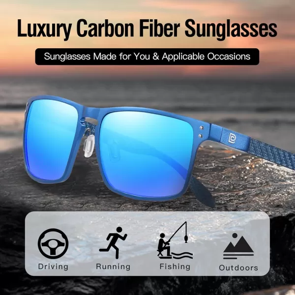 DUCO Sunglasses Men Retro Square Polarized UV Protection Carbon Fiber Sun Glasses for Fishing DC8208Blue Frame Revo Blue Lens