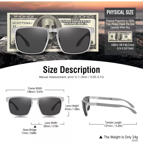 DUCO Sunglasses Men Retro Square Polarized UV Protection Carbon Fiber Sun Glasses for Fishing DC8208Silver Frame Grey Lens