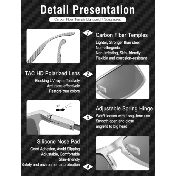 DUCO Sunglasses Men Retro Square Polarized UV Protection Carbon Fiber Sun Glasses for Fishing DC8208Silver Frame Grey Lens