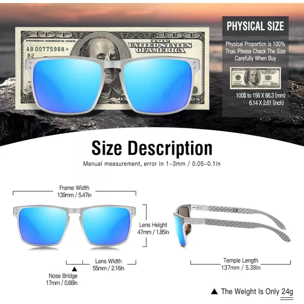 DUCO Sunglasses Men Retro Square Polarized UV Protection Carbon Fiber Sun Glasses for Fishing DC8208Silver Frame Revo Blue Lens
