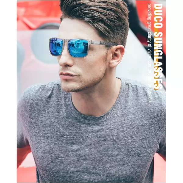 DUCO Sunglasses Men Retro Square Polarized UV Protection Carbon Fiber Sun Glasses for Fishing DC8208Silver Frame Revo Blue Lens
