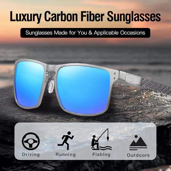 DUCO Sunglasses Men Retro Square Polarized UV Protection Carbon Fiber Sun Glasses for Fishing DC8208Silver Frame Revo Blue Lens