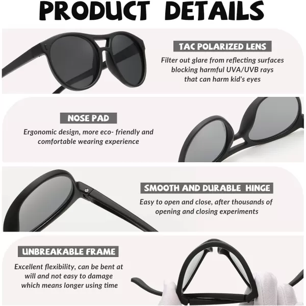 DUCO Sunglasses for Kids Boys Girls UV Protection Vintage Flexible Safety Polarized Sun Glasses with Strap DK030Black Grey