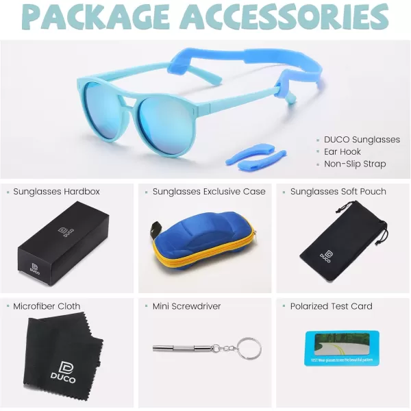 DUCO Sunglasses for Kids Boys Girls UV Protection Vintage Flexible Safety Polarized Sun Glasses with Strap DK030Cyan Blue