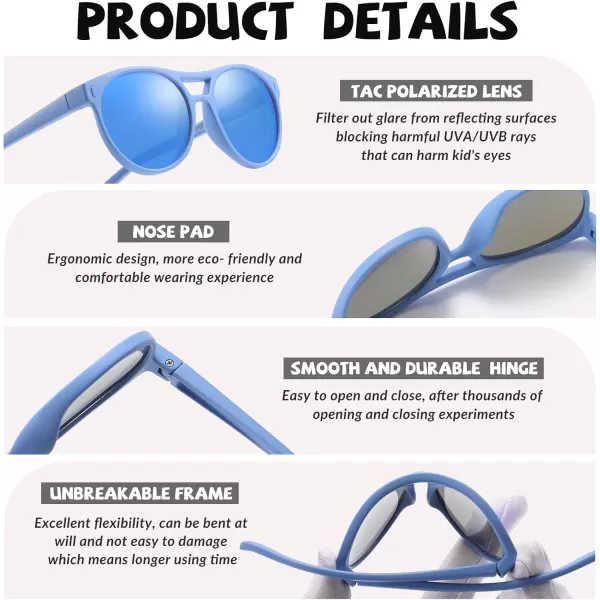 DUCO Sunglasses for Kids Boys Girls UV Protection Vintage Flexible Safety Polarized Sun Glasses with Strap DK030Dark Blue