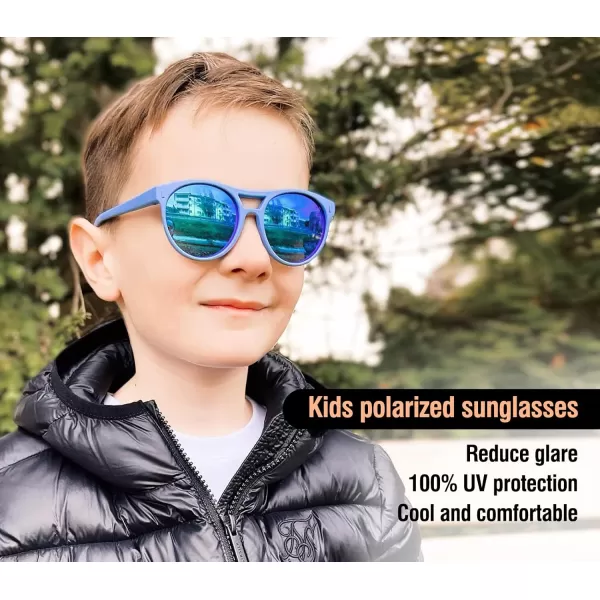 DUCO Sunglasses for Kids Boys Girls UV Protection Vintage Flexible Safety Polarized Sun Glasses with Strap DK030Dark Blue