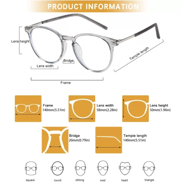 DUCO Vintage Round Blue Light Glasses For Men Women Blue Ray Blocking Glasses Computer Screen Glasses Non Prescription Eyeglasses Grey 5213W021transparent Grey