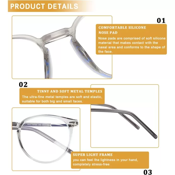 DUCO Vintage Round Blue Light Glasses For Men Women Blue Ray Blocking Glasses Computer Screen Glasses Non Prescription Eyeglasses Grey 5213W021transparent Grey