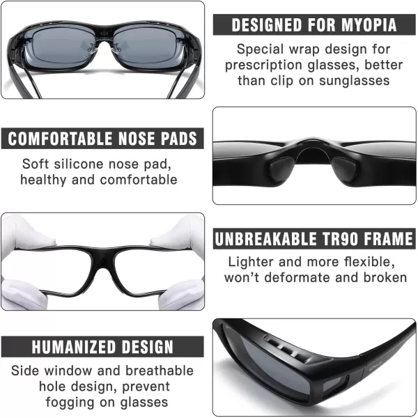 DUCO Wraparound Fitover Glasses Polarized Wear Over Sunglasses for Men Women UV Protection Sun Glasses Driving 8953L Size Black Frame Gray Lens