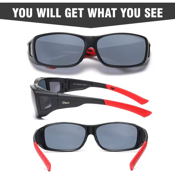 DUCO Wraparound Fitover Glasses Polarized Wear Over Sunglasses for Men Women UV Protection Sun Glasses Driving 8953L Size Black Frame Red Temple Grey Lens