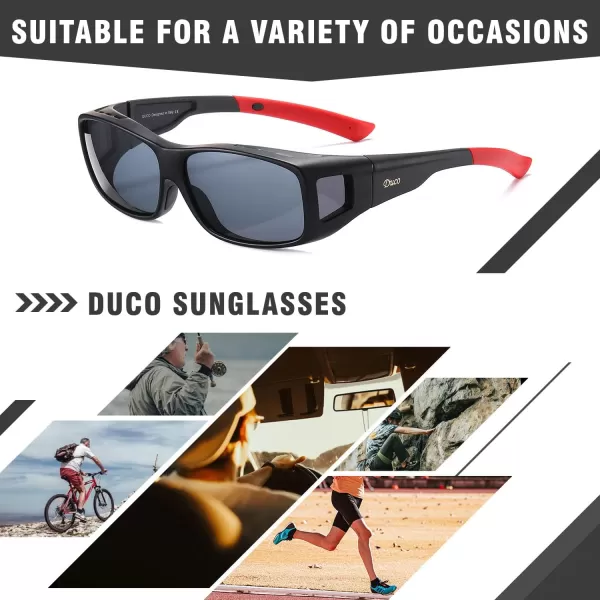 DUCO Wraparound Fitover Glasses Polarized Wear Over Sunglasses for Men Women UV Protection Sun Glasses Driving 8953L Size Black Frame Red Temple Grey Lens