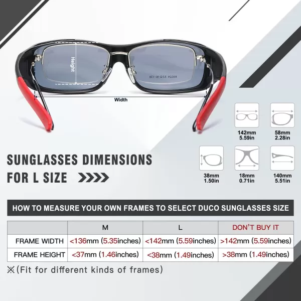 DUCO Wraparound Fitover Glasses Polarized Wear Over Sunglasses for Men Women UV Protection Sun Glasses Driving 8953L Size Black Frame Red Temple Grey Lens