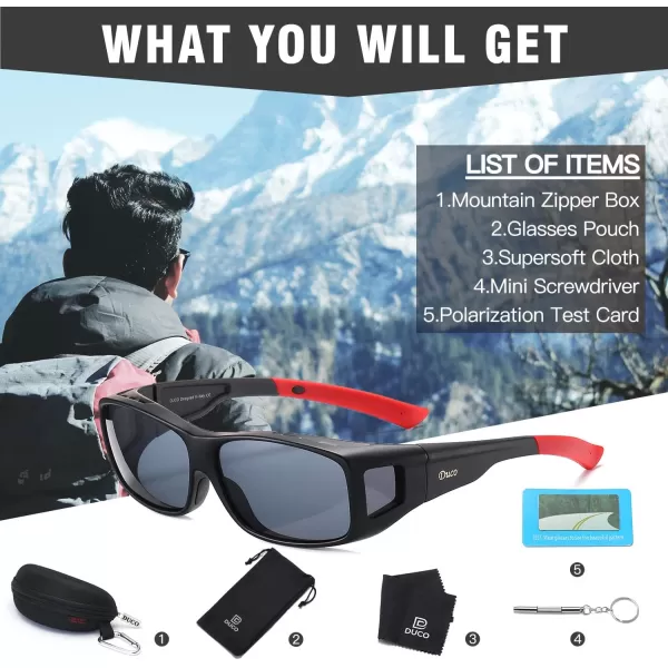 DUCO Wraparound Fitover Glasses Polarized Wear Over Sunglasses for Men Women UV Protection Sun Glasses Driving 8953L Size Black Frame Red Temple Grey Lens