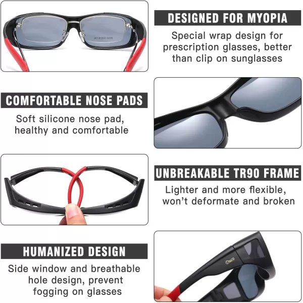 DUCO Wraparound Fitover Glasses Polarized Wear Over Sunglasses for Men Women UV Protection Sun Glasses Driving 8953L Size Black Frame Red Temple Grey Lens