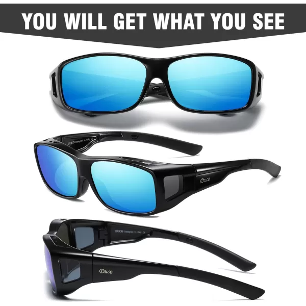 DUCO Wraparound Fitover Glasses Polarized Wear Over Sunglasses for Men Women UV Protection Sun Glasses Driving 8953L Size Black Frame Revo Blue Lens